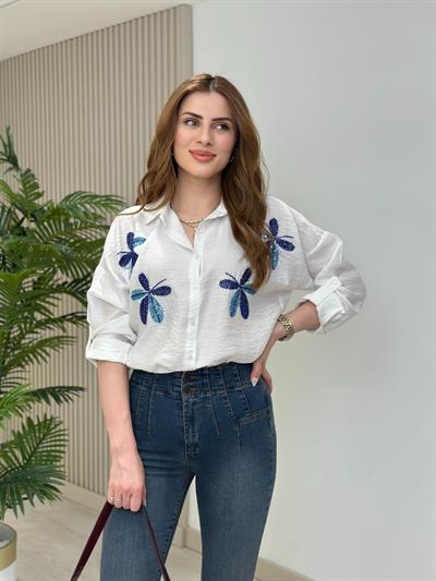 Omuzları Çiçek Boncuk İşlemeli Ayrobin Gömlek Beyaz