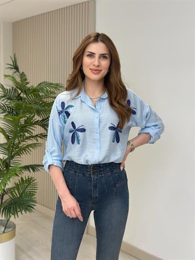 Omuzları Çiçek Boncuk İşlemeli Ayrobin Gömlek Bebe Mavi