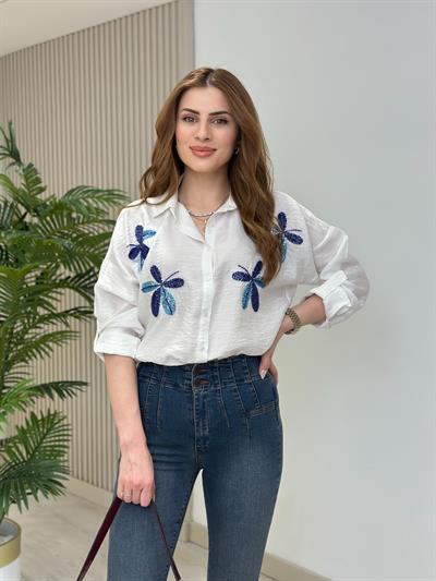 Omuzları Çiçek Boncuk İşlemeli Ayrobin Gömlek Beyaz