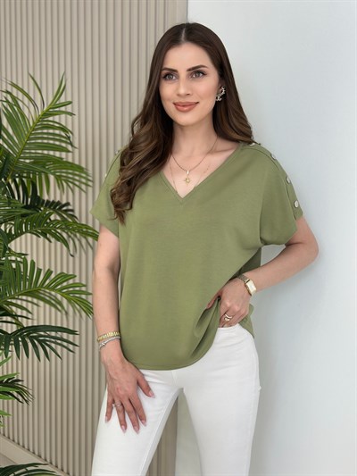 Omuzları Çıtçıt Detaylı V Yaka Modal Kumaş Tshirt Yağ Yeşili