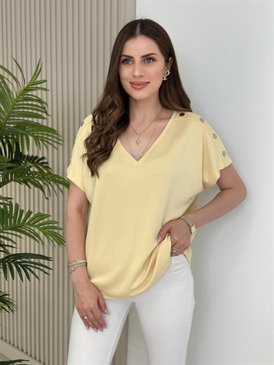 Omuzları Çıtçıt Detaylı V Yaka Modal Kumaş Tshirt Sarı