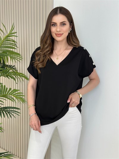 Omuzları Çıtçıt Detaylı V Yaka Modal Kumaş Tshirt Siyah