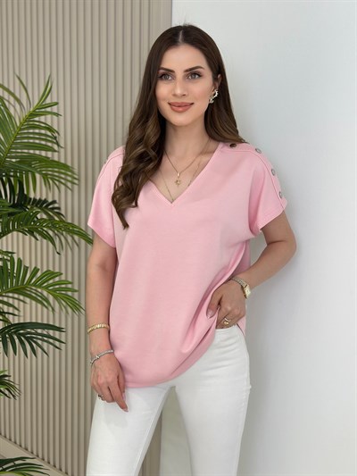 Omuzları Çıtçıt Detaylı V Yaka Modal Kumaş Tshirt Pembe