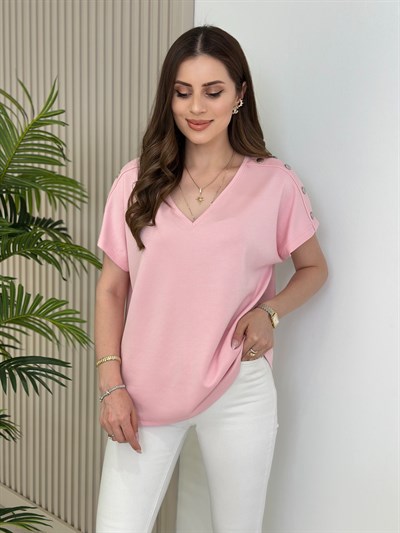 Omuzları Çıtçıt Detaylı V Yaka Modal Kumaş Tshirt Pembe