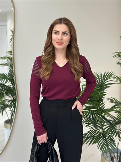 Omuzları Çizgili Simli Tül Detaylı V Yaka Merserize Bordo