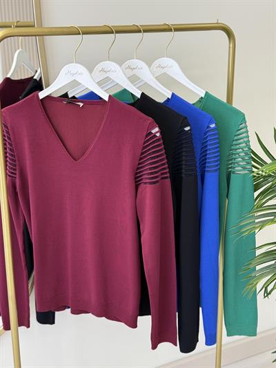 Omuzları Çizgili Simli Tül Detaylı V Yaka Merserize Saks Mavi