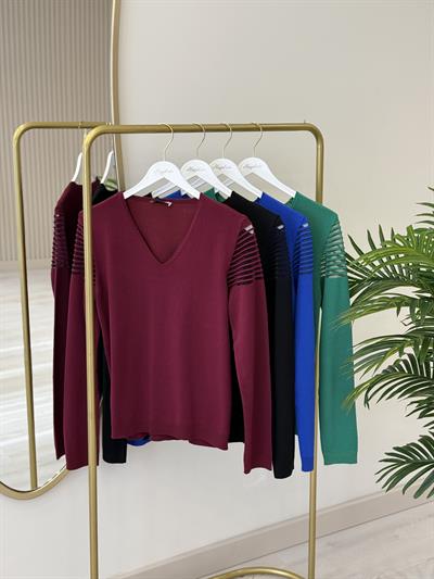 Omuzları Çizgili Simli Tül Detaylı V Yaka Merserize Yeşil 