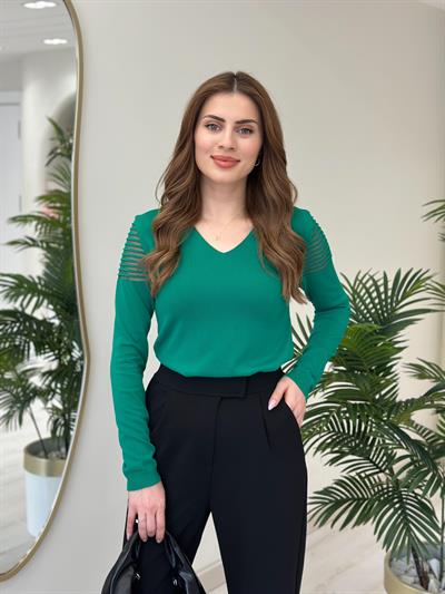 Omuzları Çizgili Simli Tül Detaylı V Yaka Merserize Yeşil 