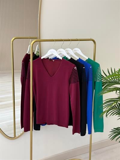 Omuzları Çizgili Simli Tül Detaylı V Yaka Merserize Saks Mavi