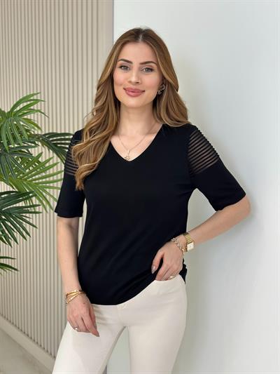 Omuzları Çizgili Transparan Detaylı Kısa Kollu Merserize Siyah