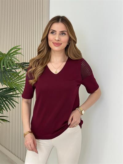 Omuzları Çizgili Transparan Detaylı Kısa Kollu Merserize Bordo