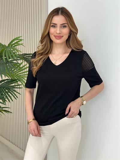 Omuzları Çizgili Transparan Detaylı Kısa Kollu Merserize Siyah