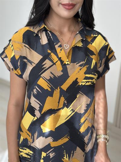 Omuzları Drapeli Gömlek Yaka Elbise 3