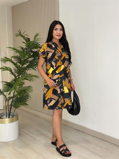 Omuzları Drapeli Gömlek Yaka Elbise 3