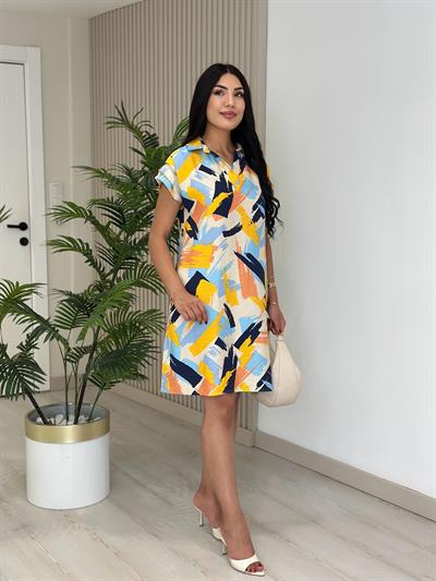 Omuzları Drapeli Gömlek Yaka Elbise 4