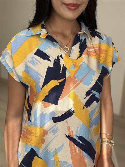 Omuzları Drapeli Gömlek Yaka Elbise 4