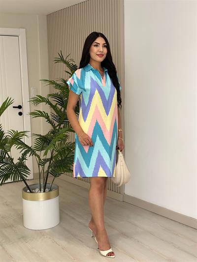 Omuzları Drapeli Gömlek Yaka Elbise 5