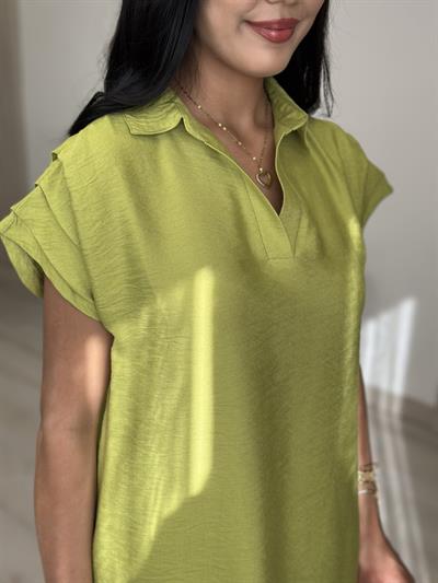 Omuzları Drapeli Gömlek Yaka Elbise 6