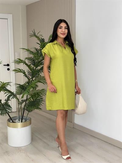 Omuzları Drapeli Gömlek Yaka Elbise 6