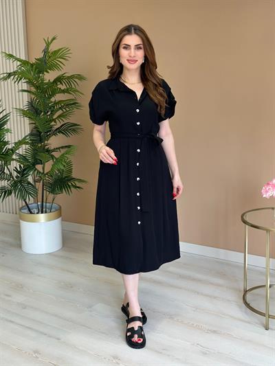 Omuzları Drapeli Kloş Gömlek Elbise Siyah