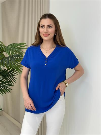 Omuzları File Yakası Gold Düğmeli Viskon Bluz Mavi