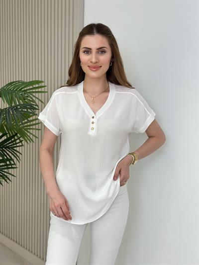Omuzları File Yakası Gold Düğmeli Viskon Bluz Beyaz