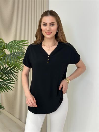 Omuzları File Yakası Gold Düğmeli Viskon Bluz Siyah