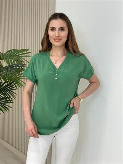 Omuzları File Yakası Gold Düğmeli Viskon Bluz Yeşil