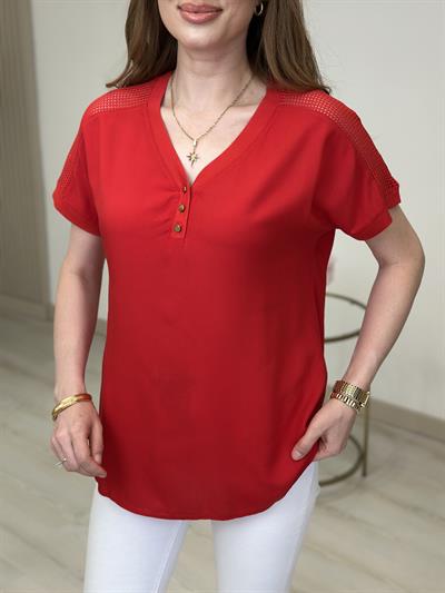 Omuzları File Yakası Gold Düğmeli Viskon Bluz Kırmızı