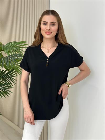 Omuzları File Yakası Gold Düğmeli Viskon Bluz Siyah
