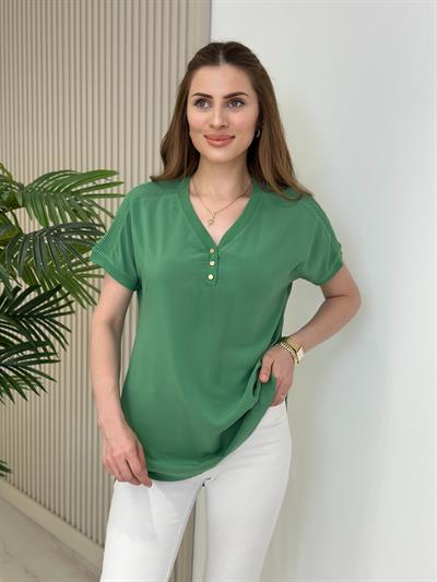 Omuzları File Yakası Gold Düğmeli Viskon Bluz Yeşil