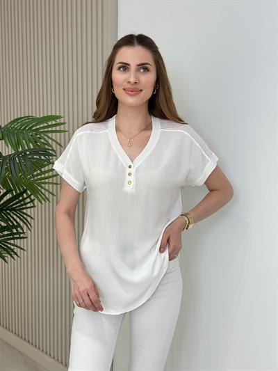 Omuzları File Yakası Gold Düğmeli Viskon Bluz Beyaz