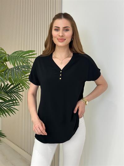 Omuzları File Yakası Gold Düğmeli Viskon Bluz Siyah