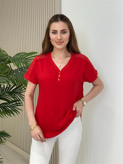 Omuzları File Yakası Gold Düğmeli Viskon Bluz Kırmızı
