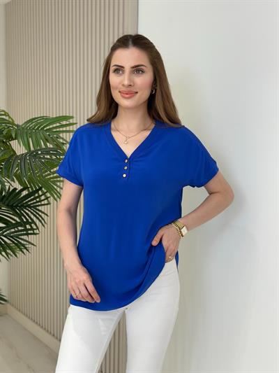 Omuzları File Yakası Gold Düğmeli Viskon Bluz Mavi