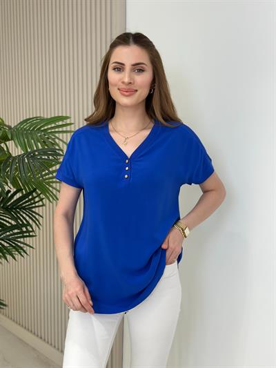 Omuzları File Yakası Gold Düğmeli Viskon Bluz Mavi