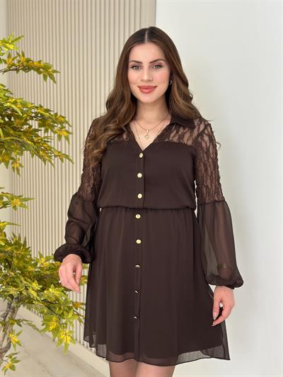 Omuzları Güpürlü Beli Lastikli Şifon Elbise Kahve