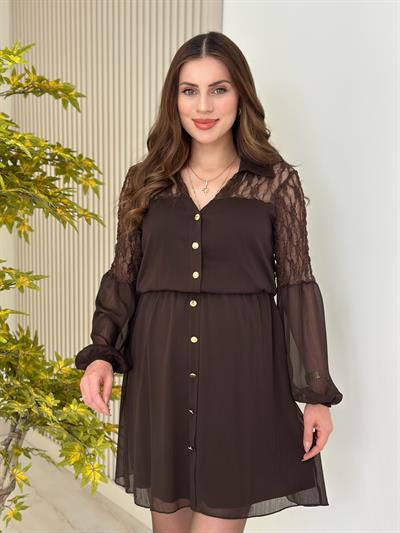 Omuzları Güpürlü Beli Lastikli Şifon Elbise Kahve
