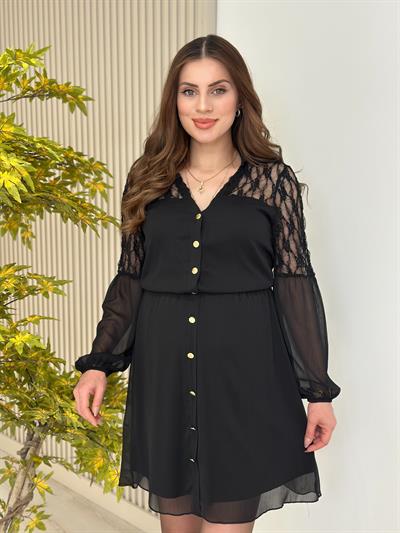 Omuzları Güpürlü Beli Lastikli Şifon Elbise Siyah