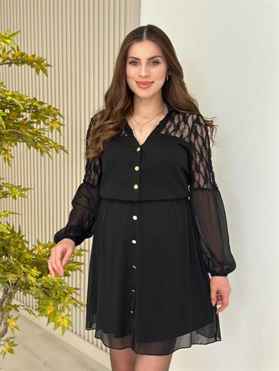 Omuzları Güpürlü Beli Lastikli Şifon Elbise Siyah