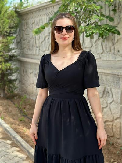 Omuzları Güpürlü Çapraz Bağlamalı Elbise Siyah