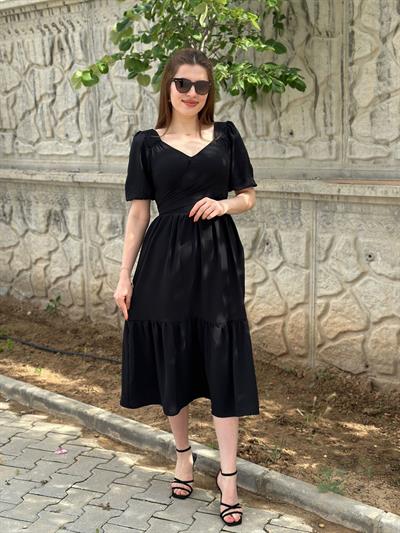 Omuzları Güpürlü Çapraz Bağlamalı Elbise Siyah