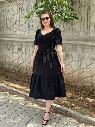 Omuzları Güpürlü Çapraz Bağlamalı Elbise Siyah