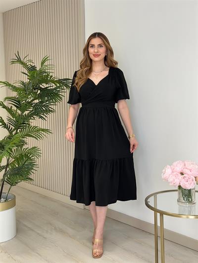 Omuzları Güpürlü Göğsü Çapraz Bağlamalı Elbise Siyah