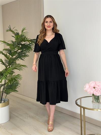 Omuzları Güpürlü Göğsü Çapraz Bağlamalı Elbise Siyah
