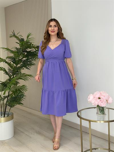Omuzları Güpürlü Göğsü Çapraz Bağlamalı Elbise Lila
