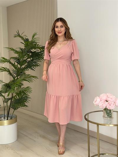 Omuzları Güpürlü Göğsü Çapraz Bağlamalı Elbise Pembe