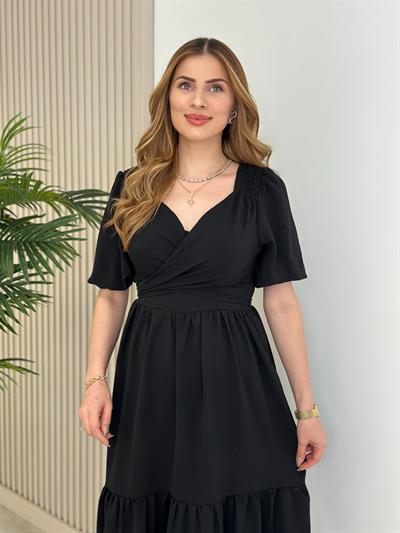 Omuzları Güpürlü Göğsü Çapraz Bağlamalı Elbise Siyah