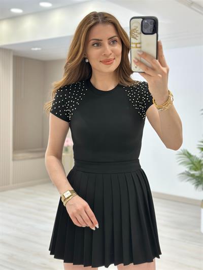 Omuzları İncili Likralı Body Siyah