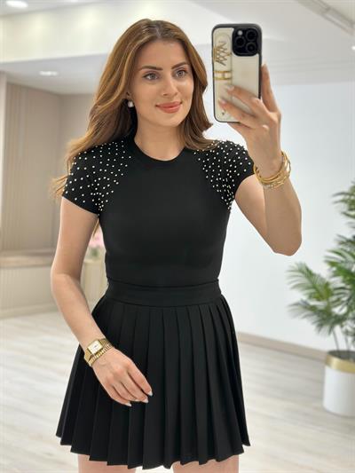 Omuzları İncili Likralı Body Siyah